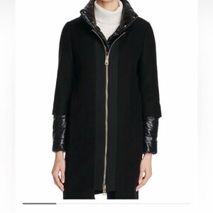 Herno Black Coat in luxury wool  with  down Quilted Sleeves